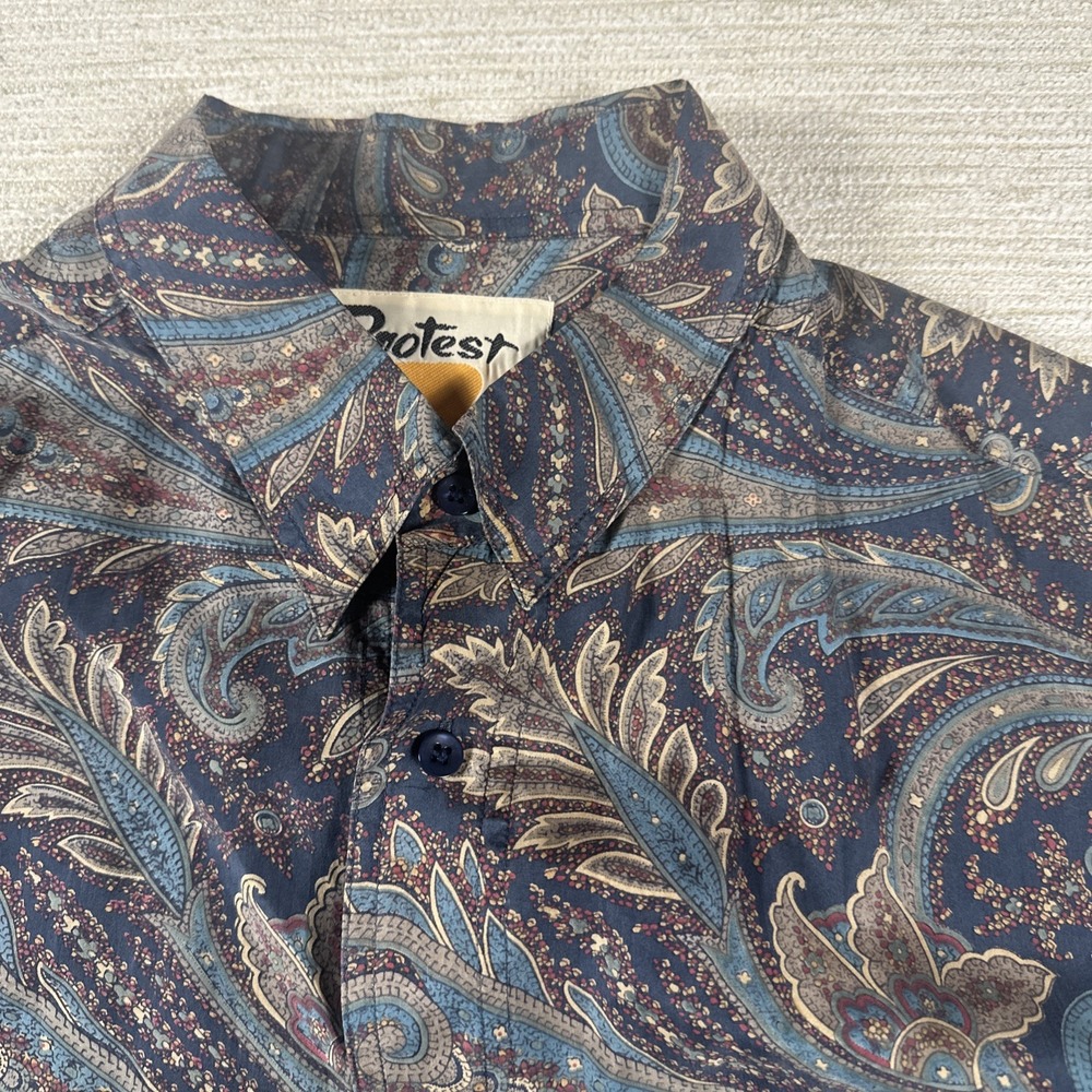 Protest Boho Festival Western Paisley 100% Silk Button Up Shirt XL Retro Cowboy